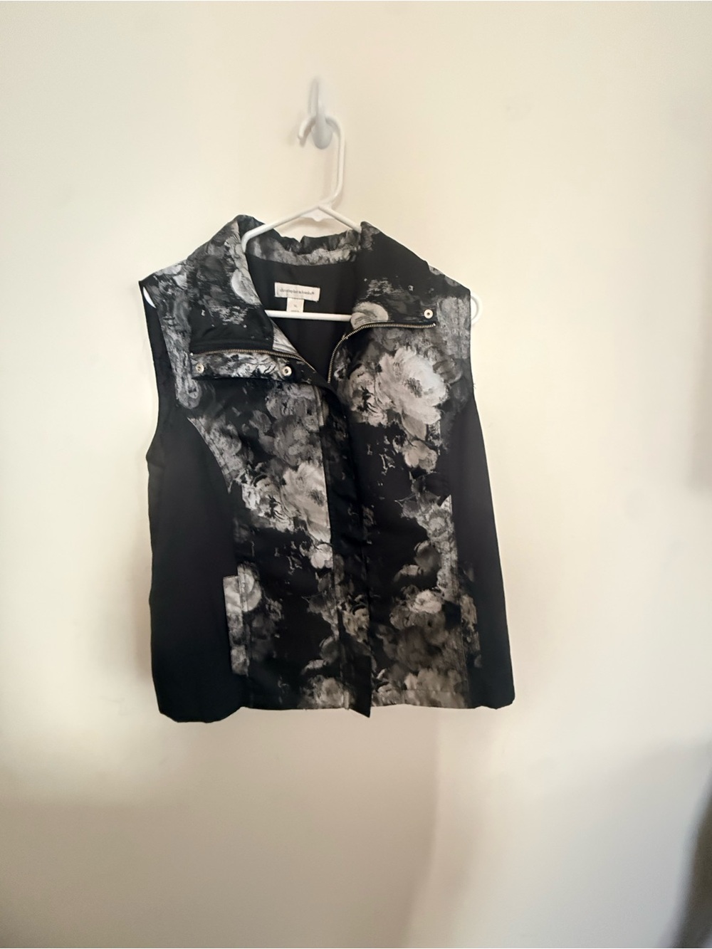 Christopher & Banks Black and Gray Floral Sleeveless Zip Vest